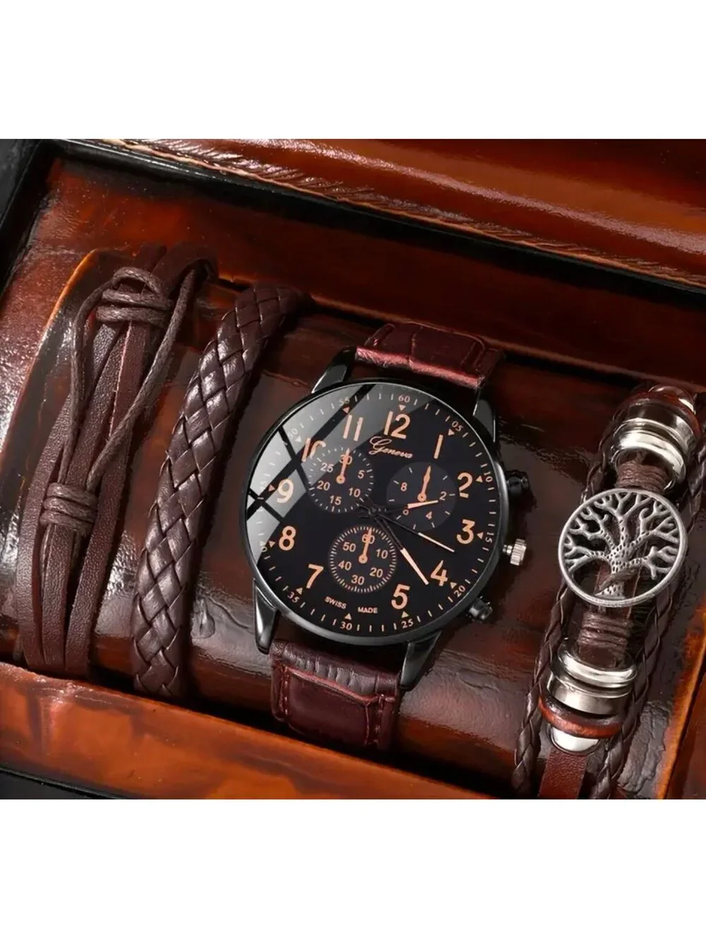 New -Men's Simple & Stylish Small Dial Quartz Watch & Fashion Bracelet Set